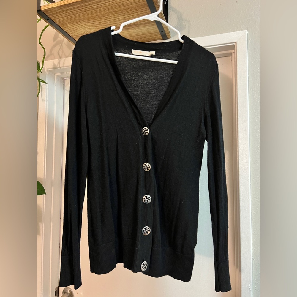 Tory Burch Black Large Simone Wool Sweater With Large Silver Logo Buttons